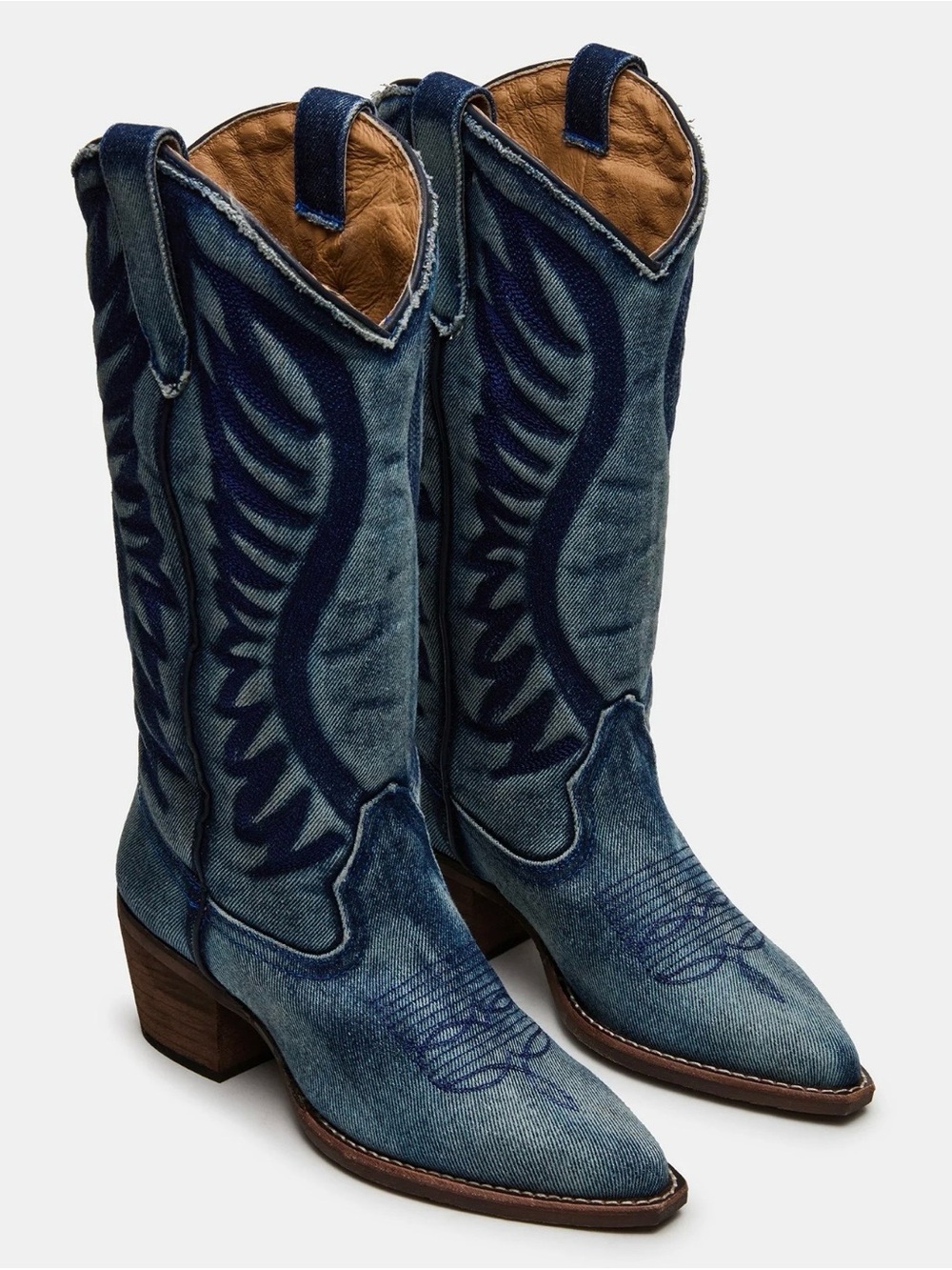 NEW Steve Madden Albany Denim Fab Embroidered Western Cowboy Boots Acid Wash - Picture 10 of 12